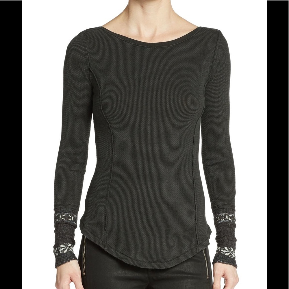 Free People Black Rosey Jaquard Cuff Thermal Tee